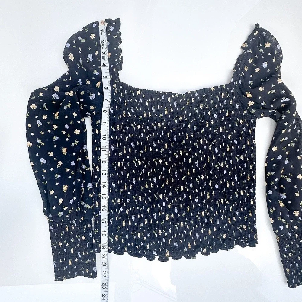 Reformation Navy Blue Floral Smocked Long Sleeve Blouse